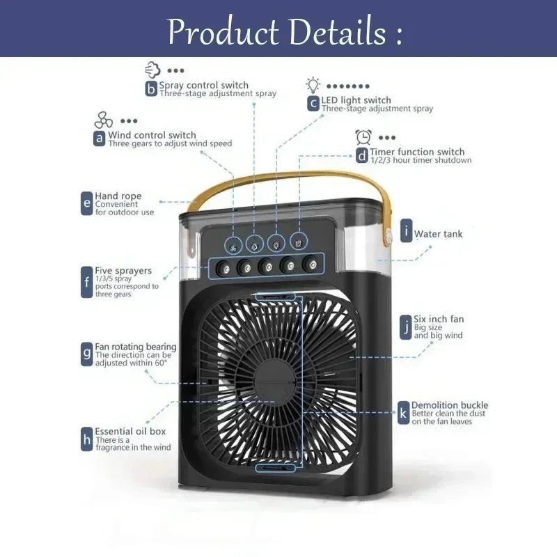 3-in-1 Portable Mini Air Cooler Fan with LED Light & Humidifier